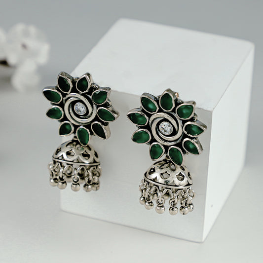 Reema Green Floral Silver Earrings