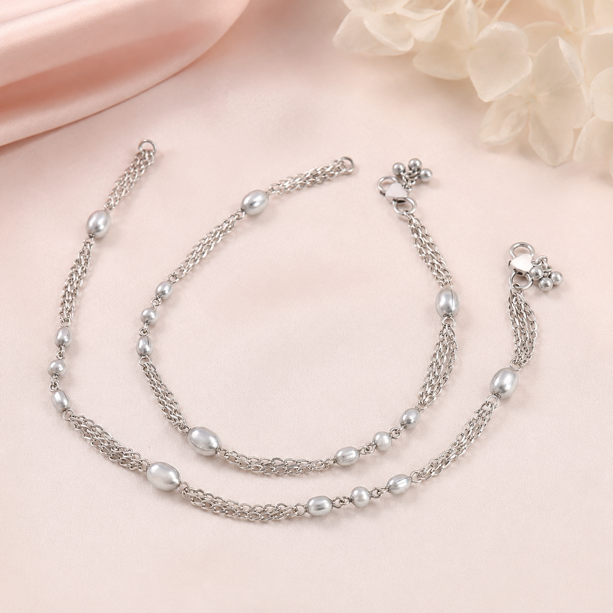 Kashvi Elegant Pearl Twist Silver Anklets