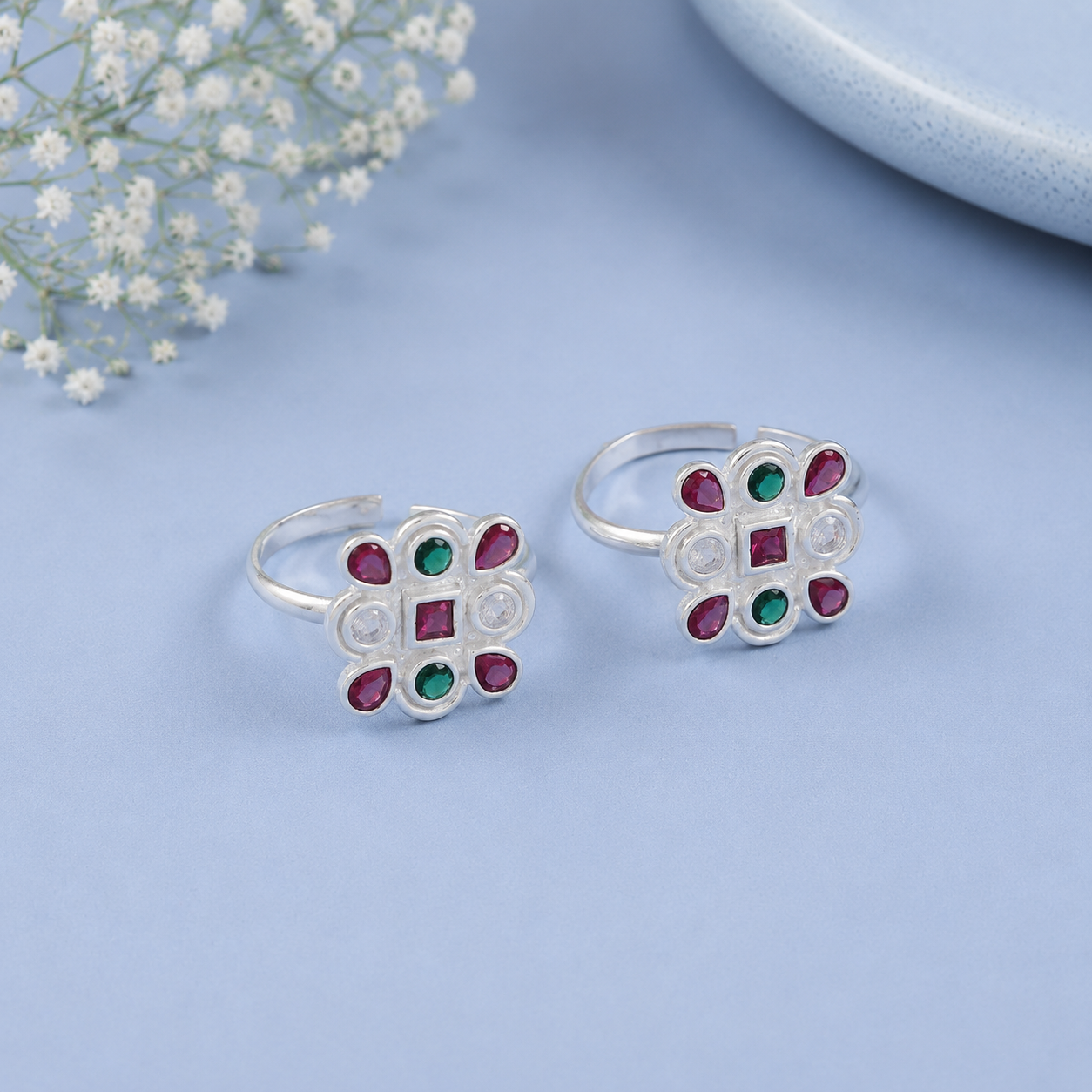Nandini Colorful Gem Bloom Silver Toe Rings
