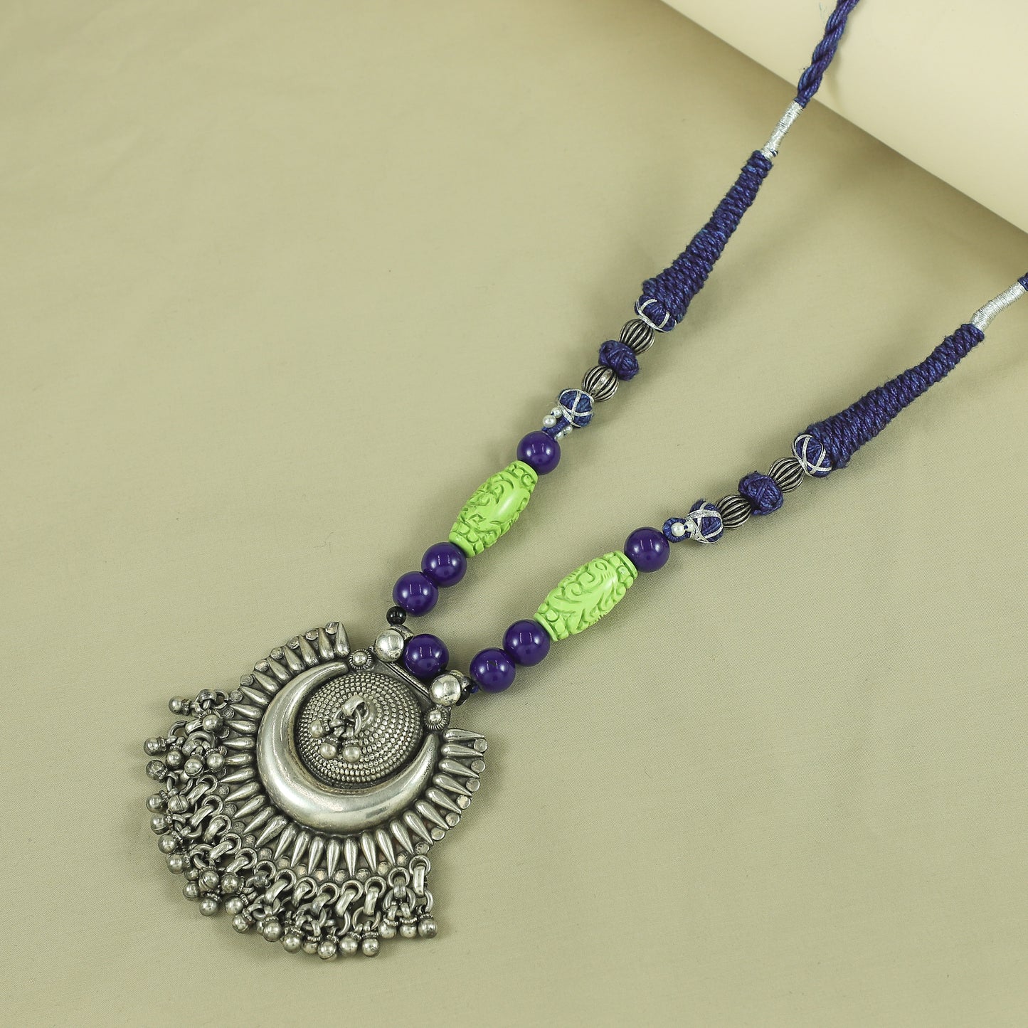 Arhaana Green-Blue Tribal Silver Necklace