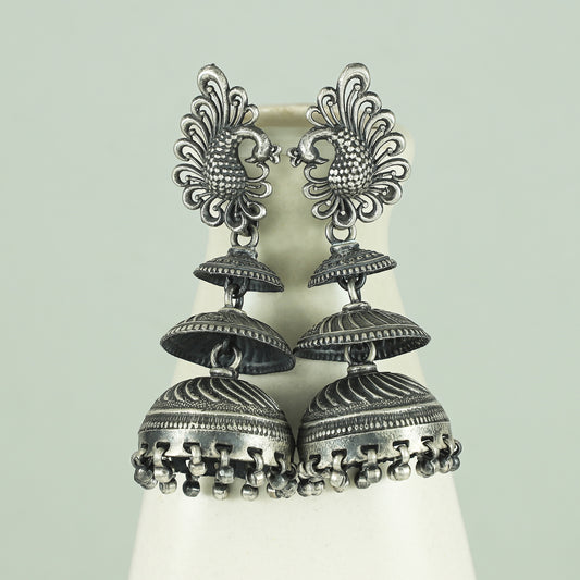 Dayita Classy Silver Earrings With Peacock Design
