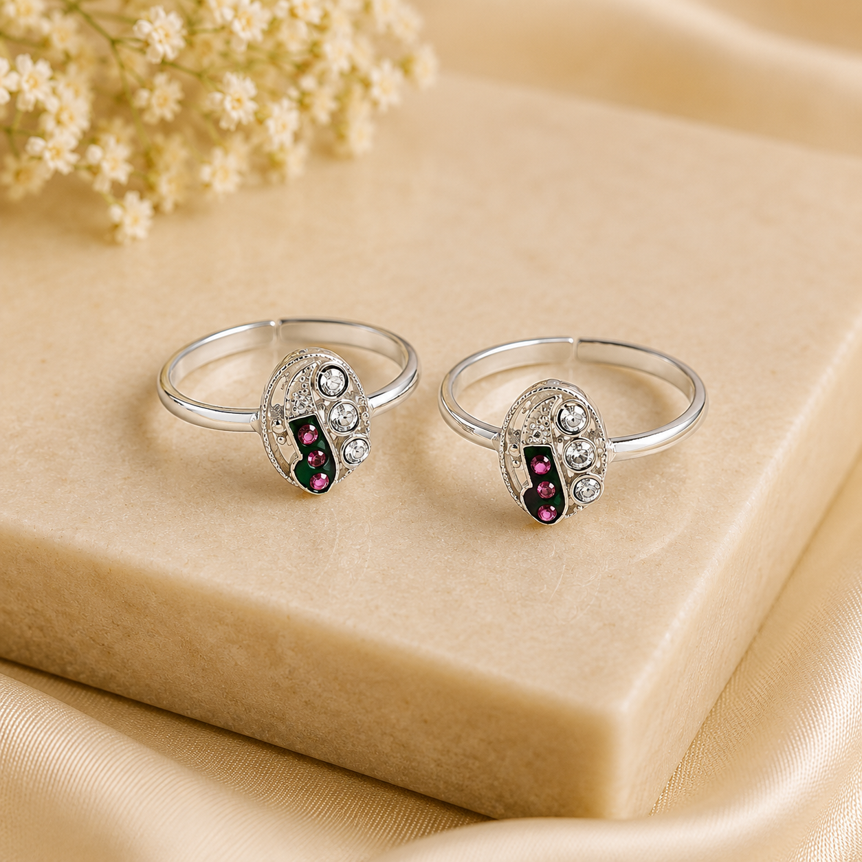 Adhya Chic Dual Stone Silver Toe Rings