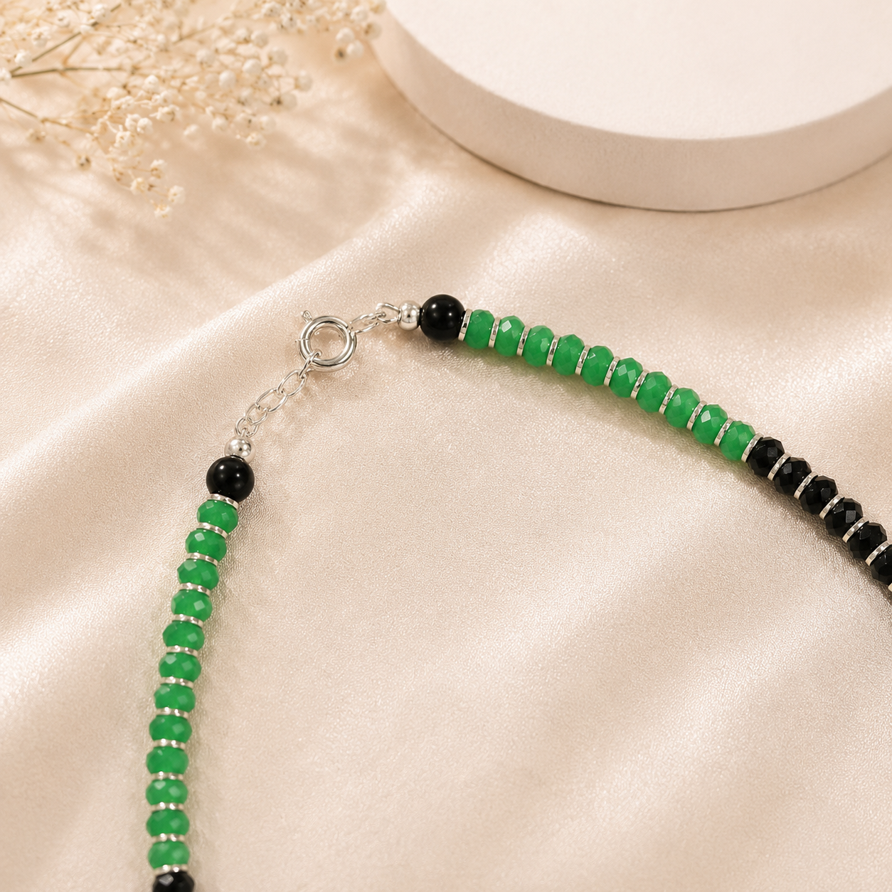 Alina Black Green Beaded Silver Anklets