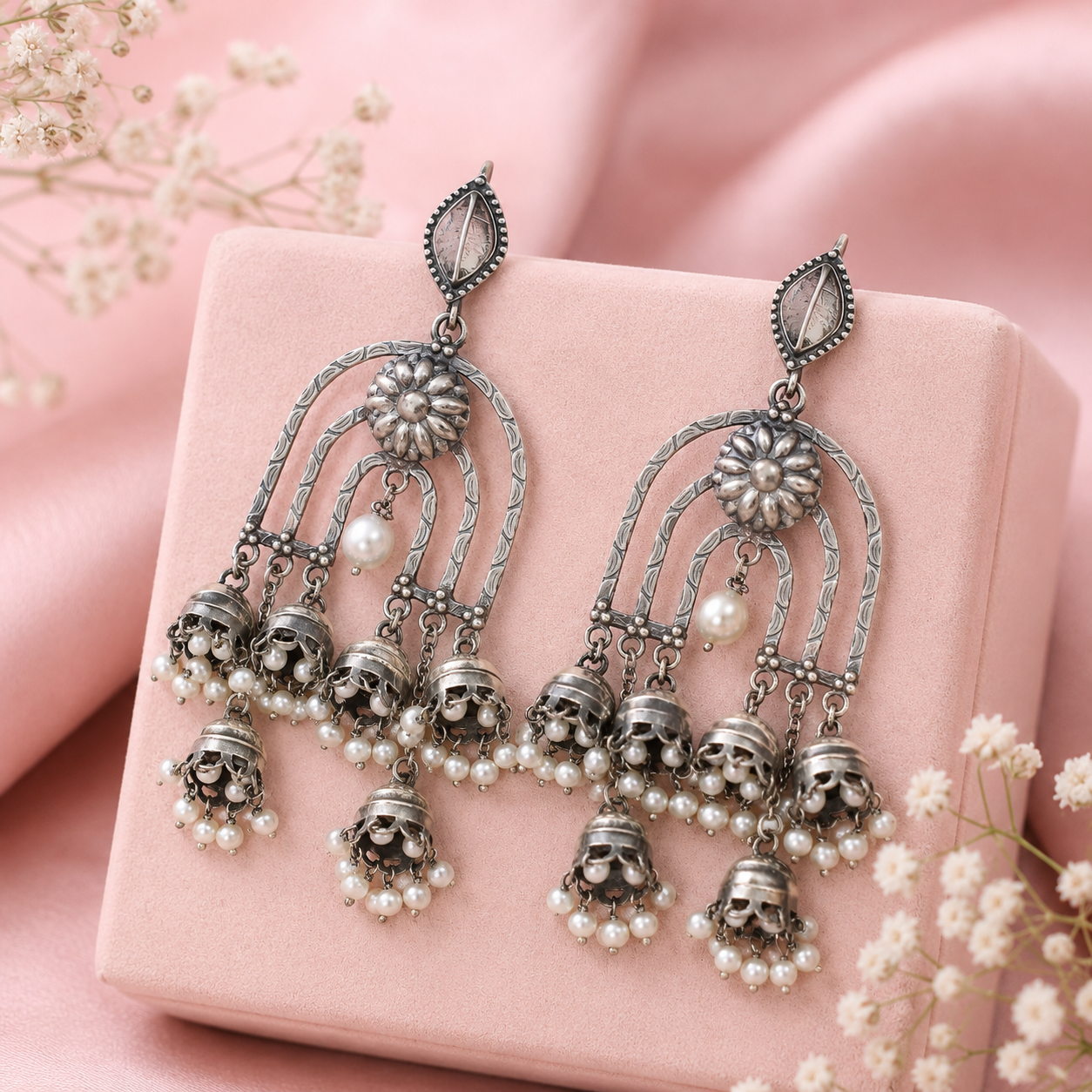 Aarohi Pearl Cascade Silver Earrings