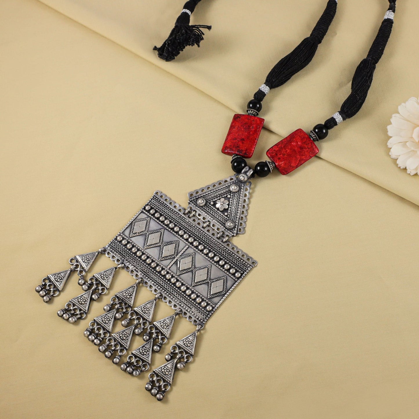 Royal With Hanging Black Thread Silver Necklace