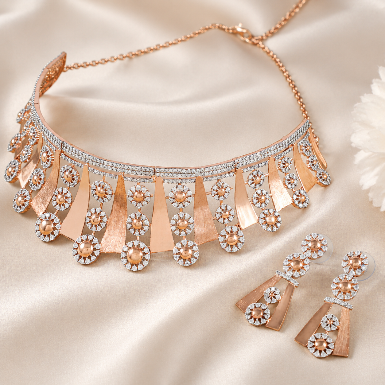 Rose-Gold Floral Cz Silver Choker Set