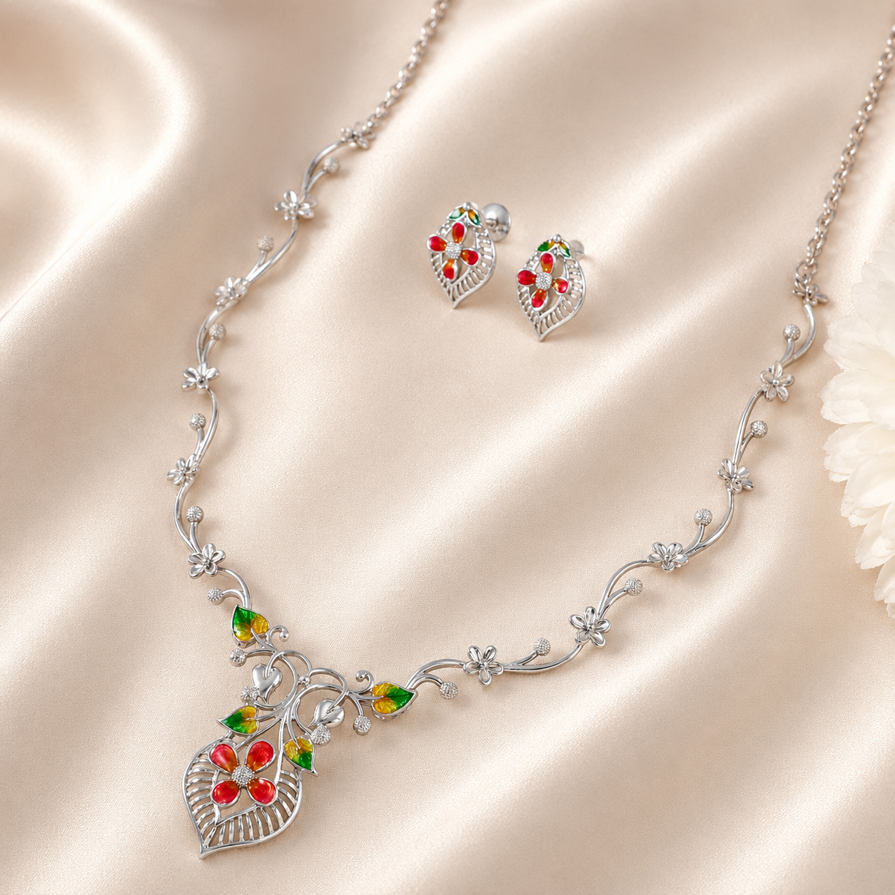 Zoya Colorful Floral Cz silver Necklace Set