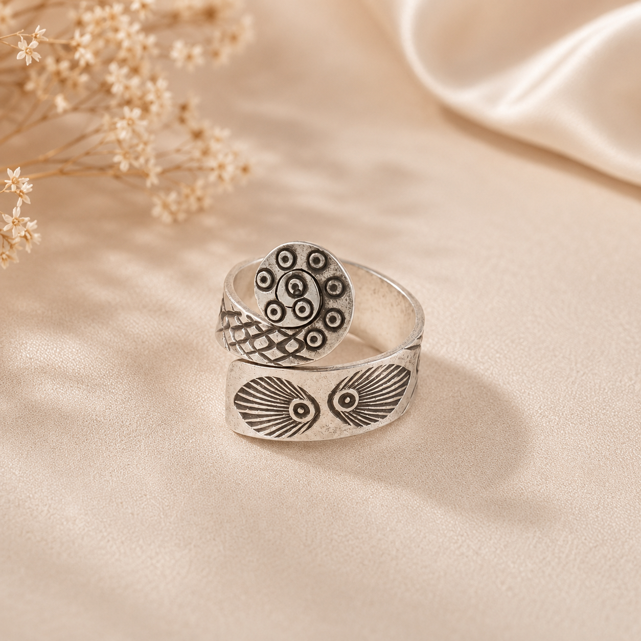 Diya Peacock Wrap Silver Ring