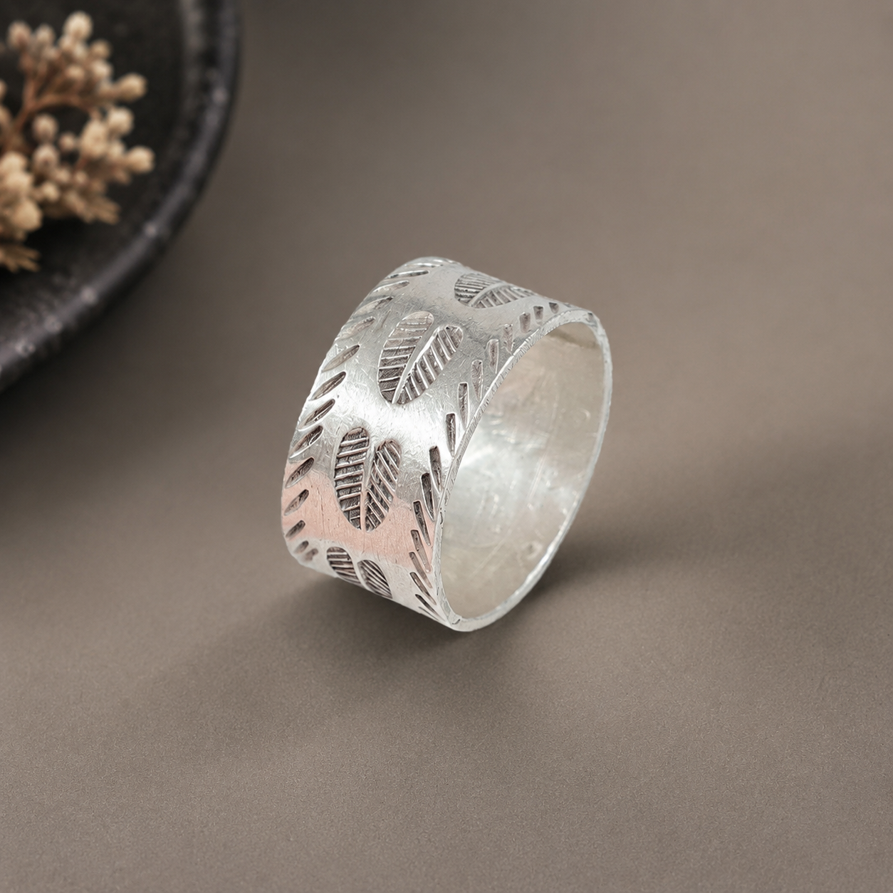 Gauri Leaf Texture Silver Ring