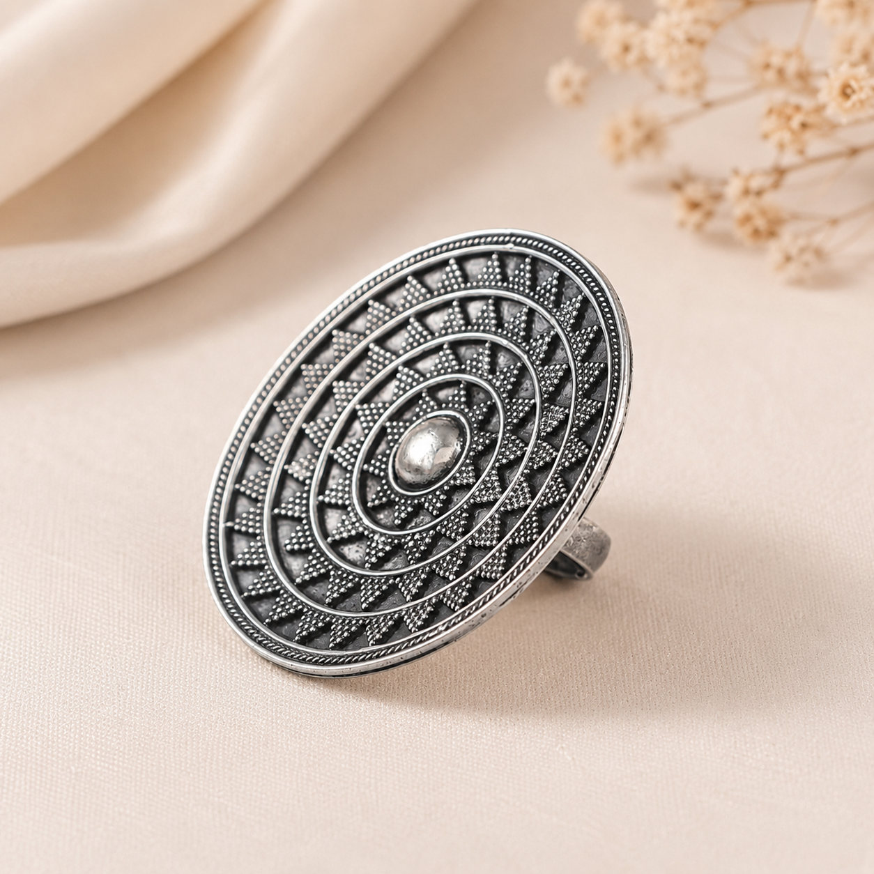 Meher Intricate Ethnic Circular Silver Ring