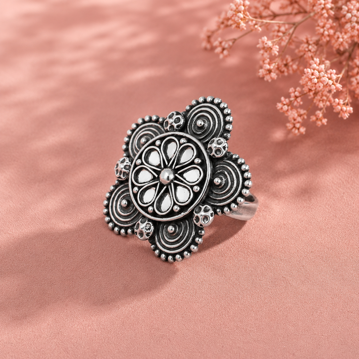 Zoya Floral Charm Silver Ring