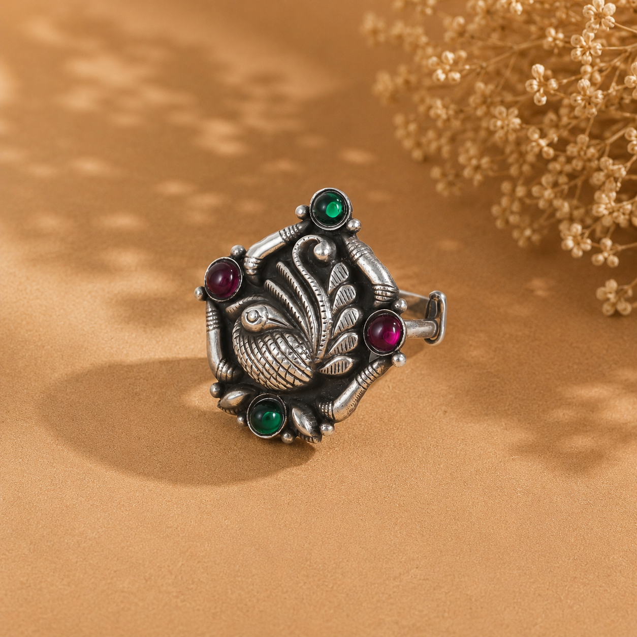 Navika Traditional Peacock Design Silver Ring