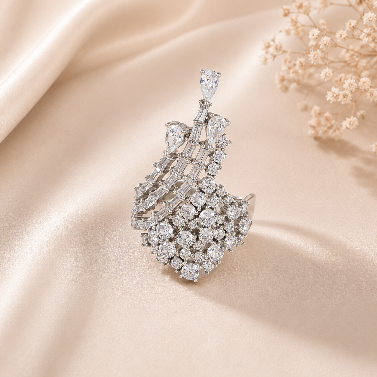Esha Crystal Waterfall Silver Ring