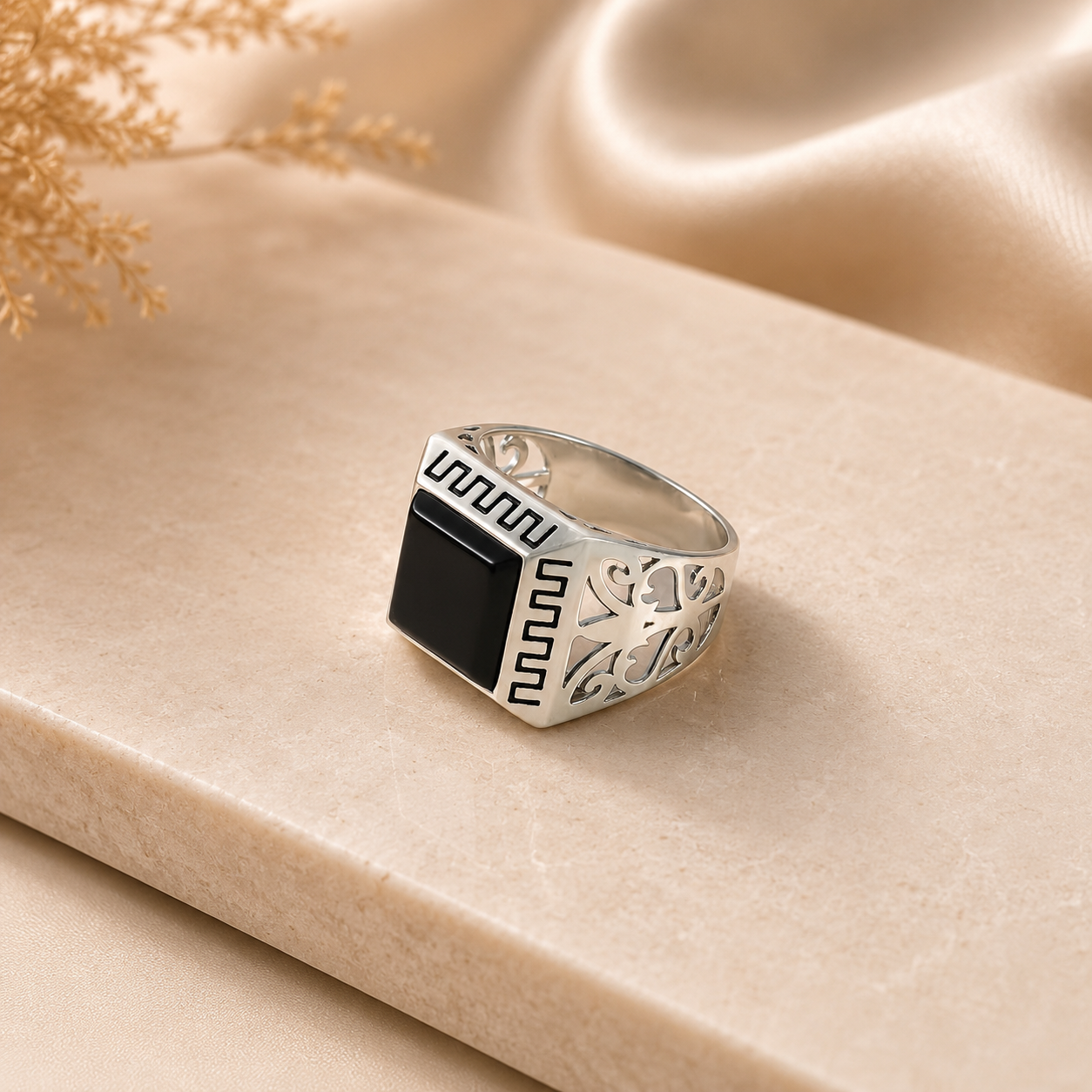 Laksh Black Stone Silver Ring For Him