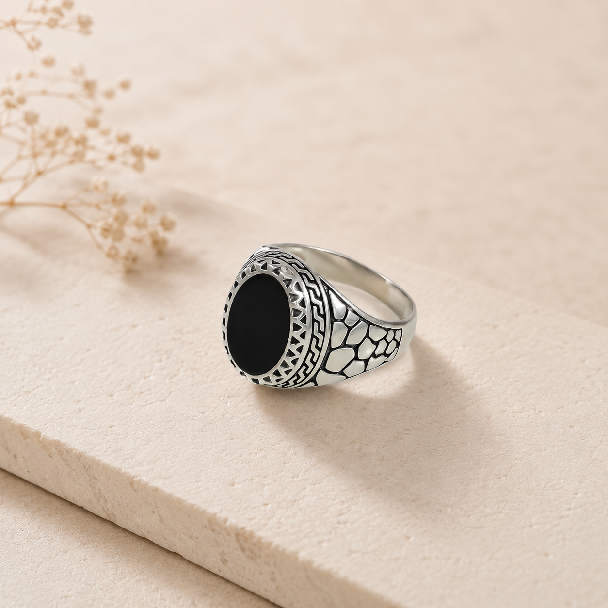 Kartik Royal Black Oval Silver Ring For Him