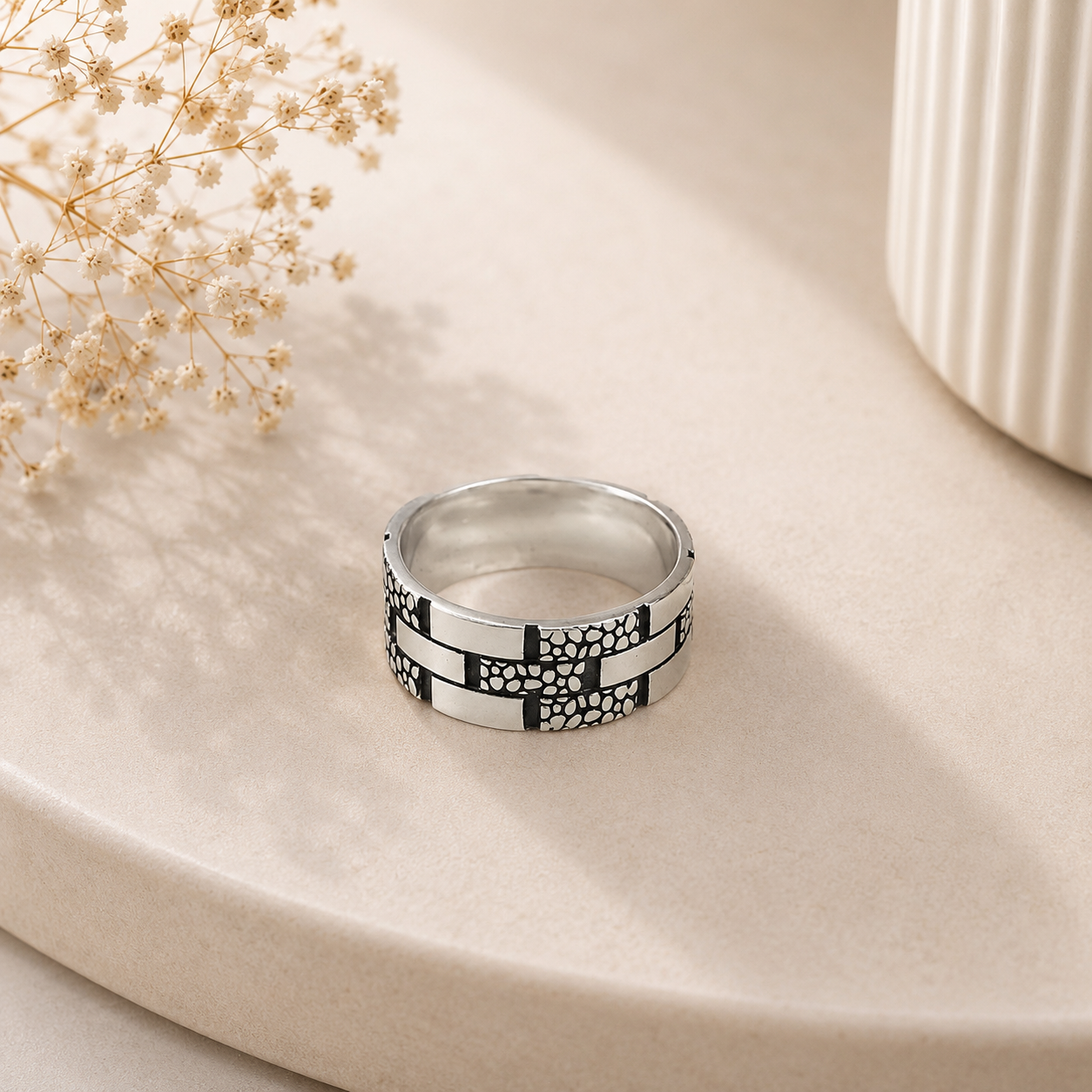 Laksh Geometric Pattern Silver Band For Him