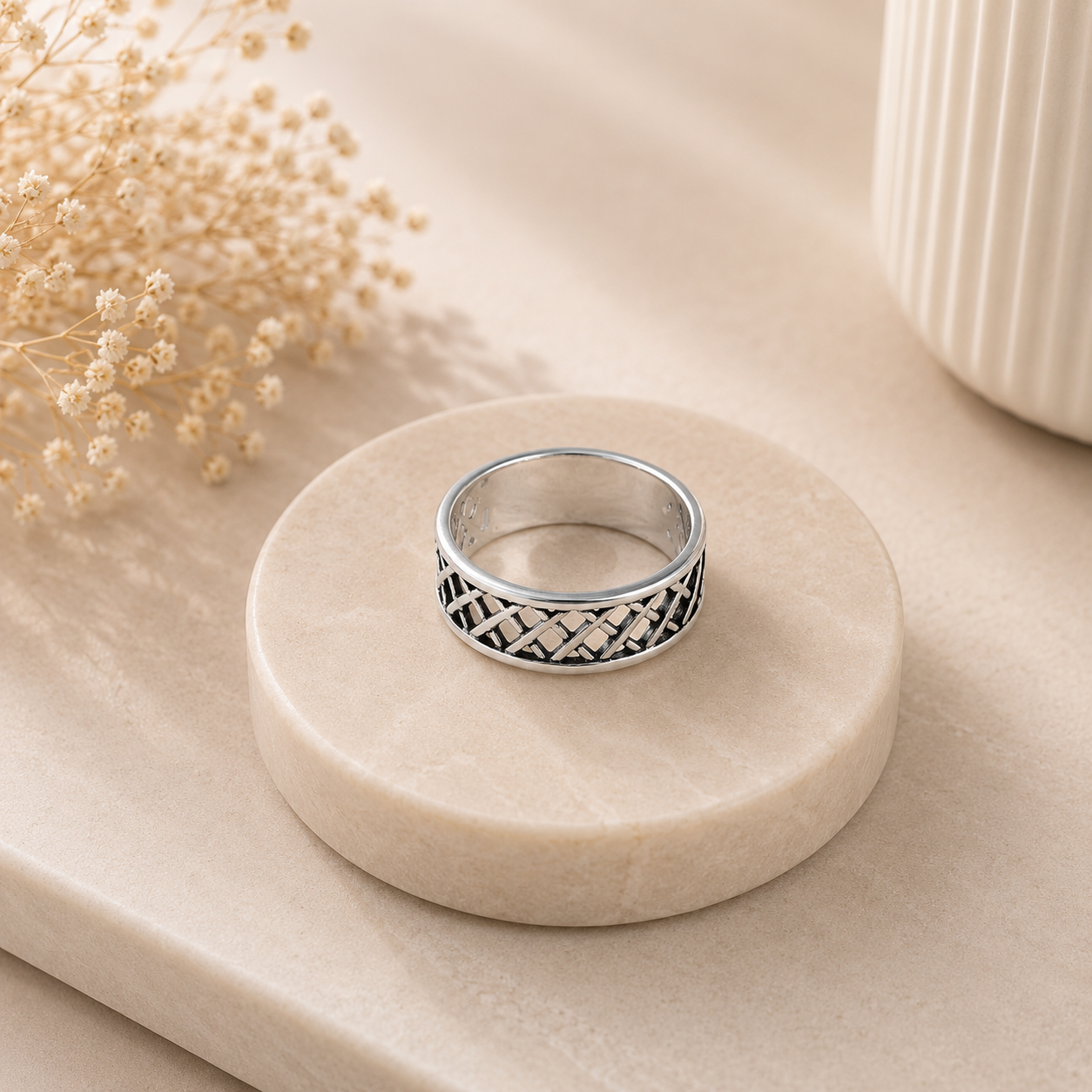 Dhruv Cross Grid Silver Band For Him