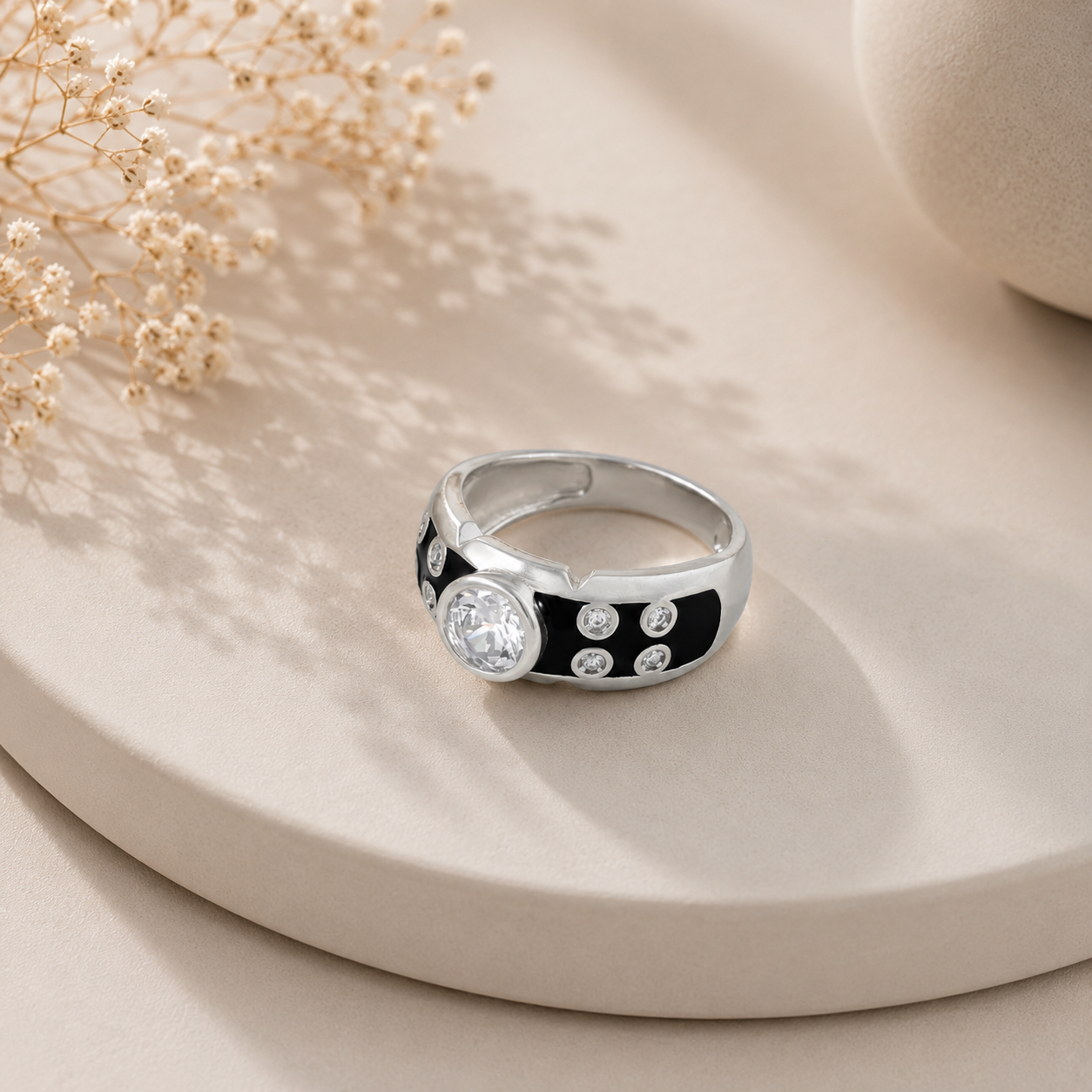 Dilip Black Enamel Stone Silver Ring For Him