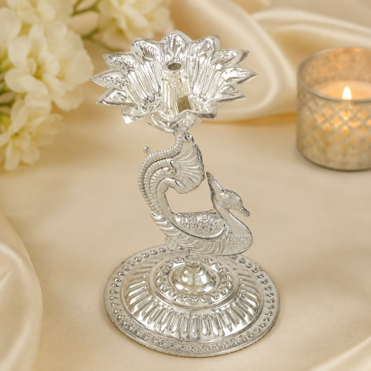 Priyal Peacock Silver Diya