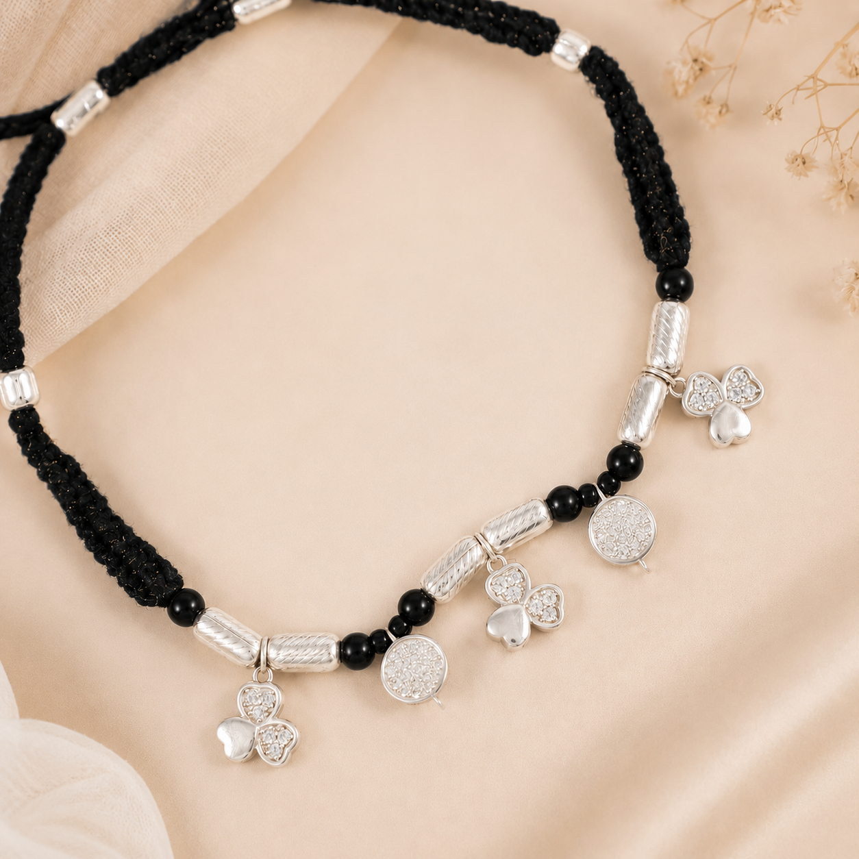 Zivara Black Thread Heart Drop Silver Anklets