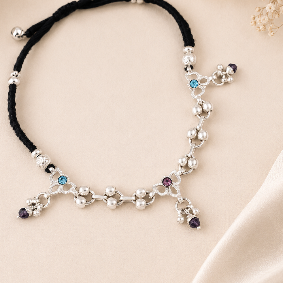 Ira Floral Charm Silver Anklets
