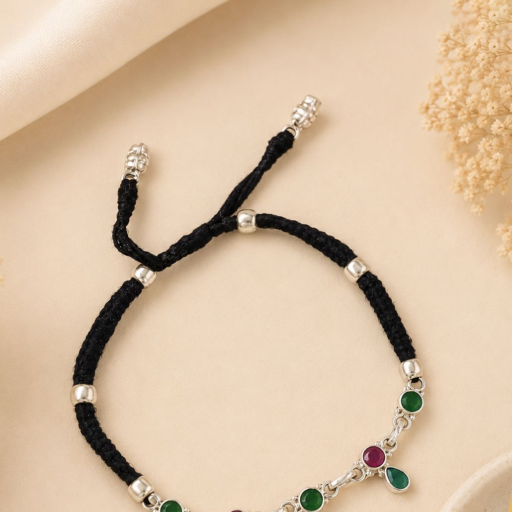 Black Thread Color Drop Silver Anklets