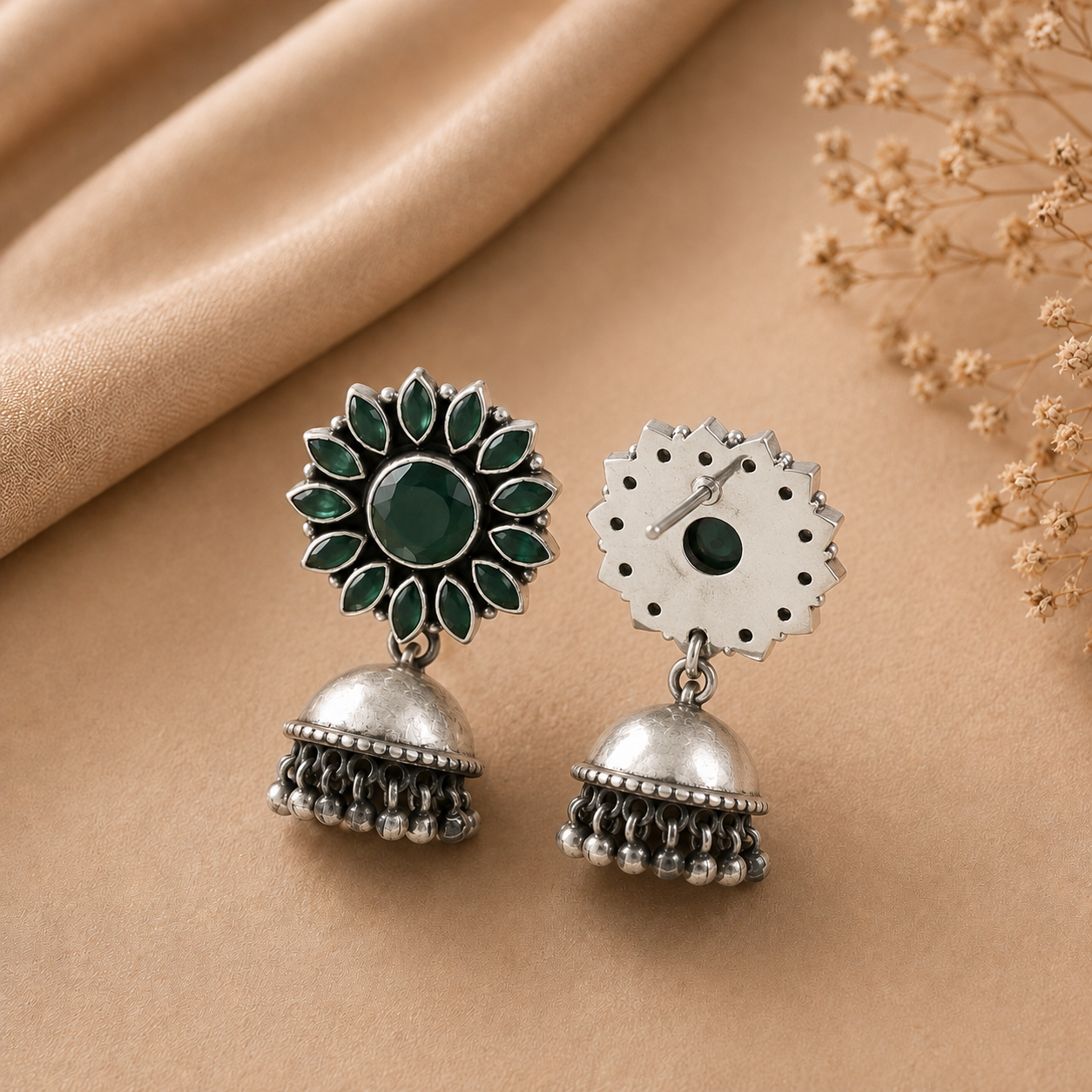 Aamaya Verdant Petal Silver Jhumki