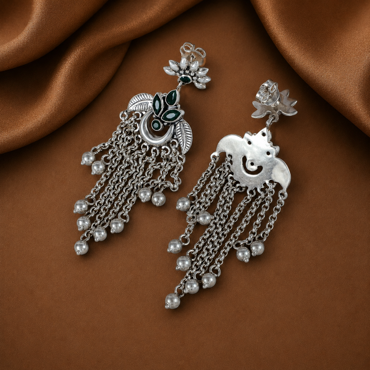 Pavitra Leafy Green Stone Silver Earrings
