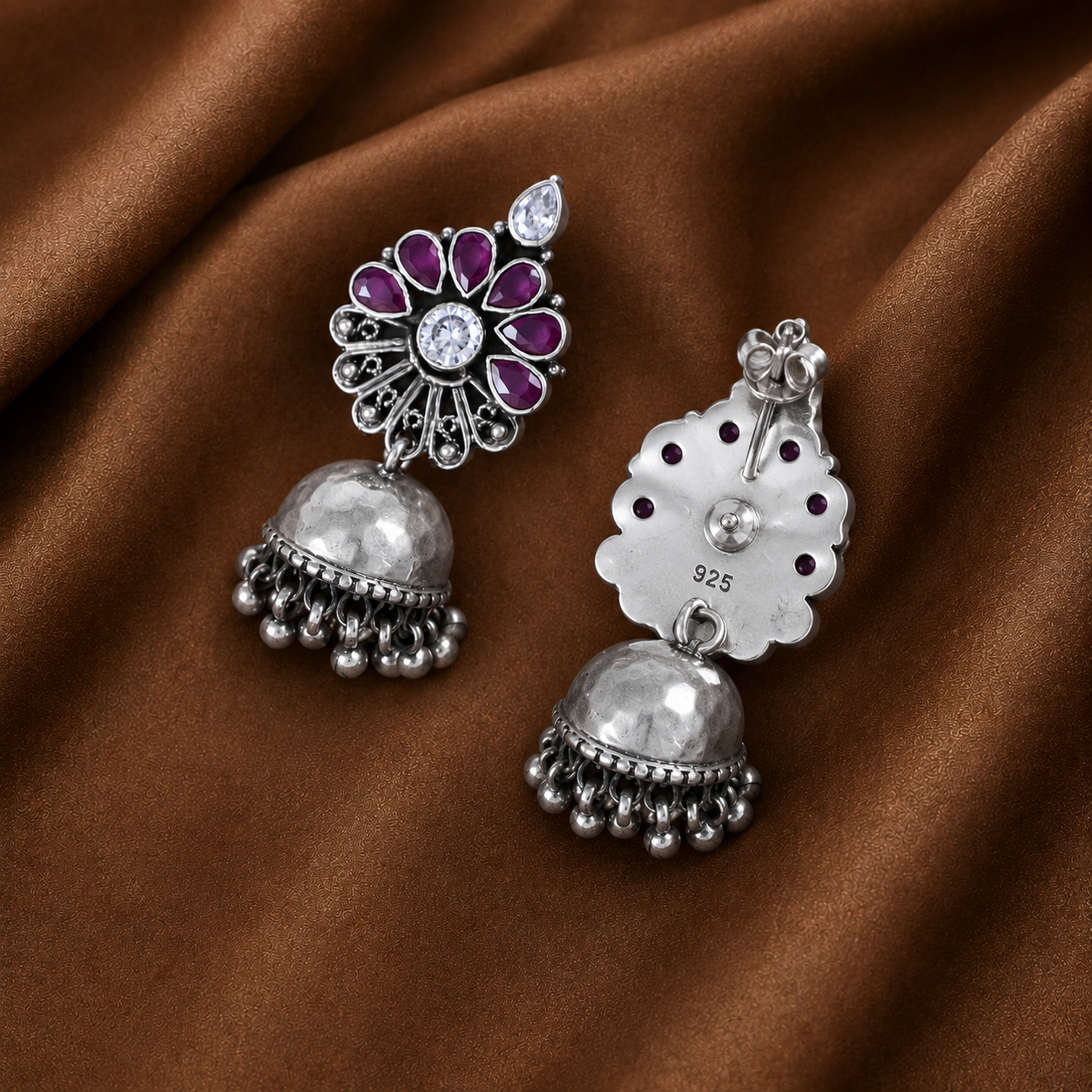 Sanvi Vintage Pink Petal Silver Jhumki