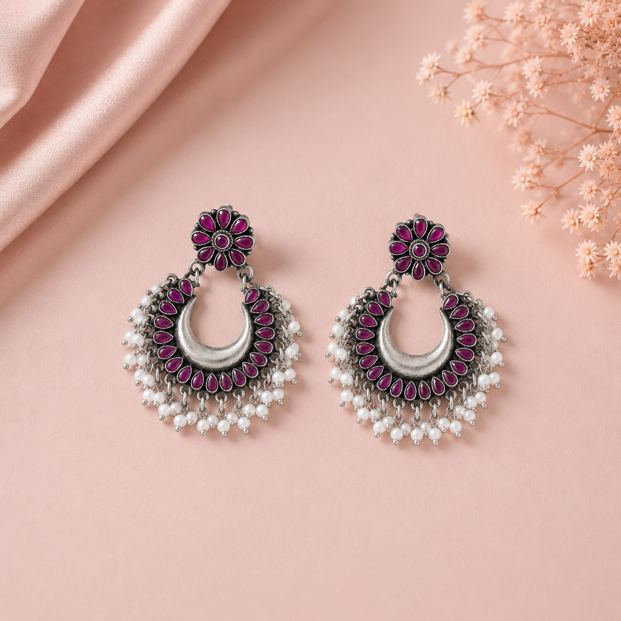 Ishika Floral Chand Drop Silver Earrings