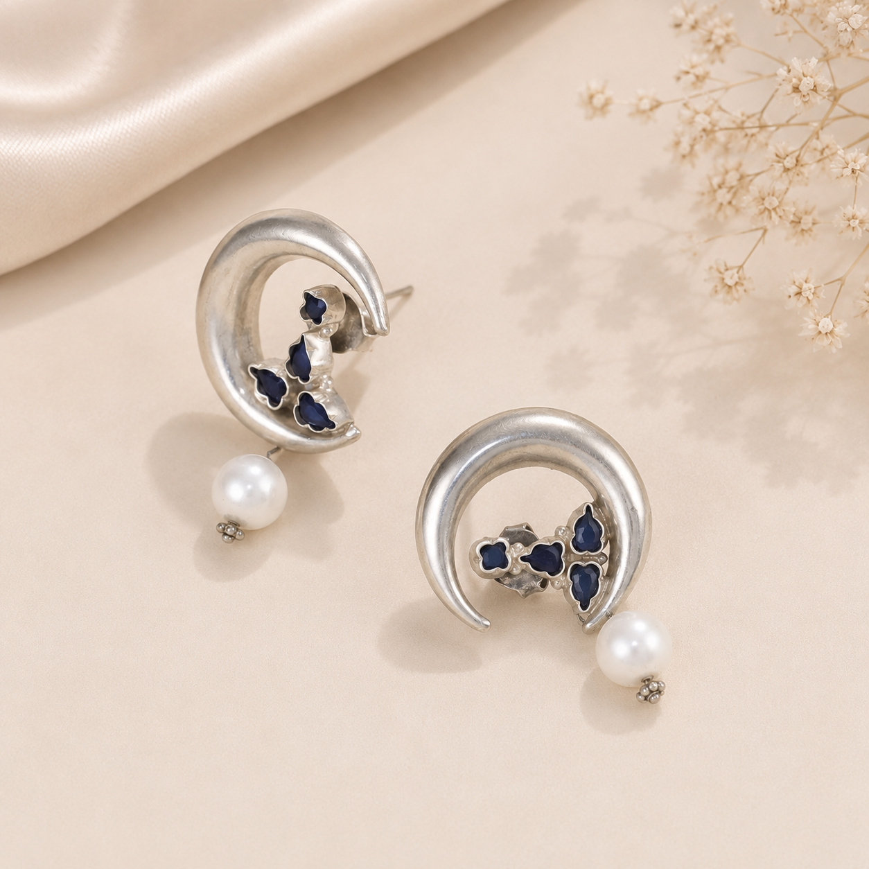 Riddhima Moon Pearl Drops Silver Earrings
