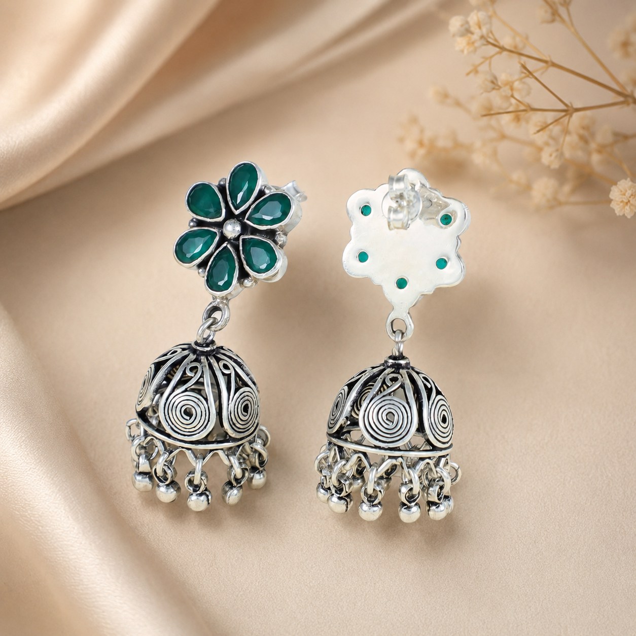 Divya Floral Green Silver Jhumki