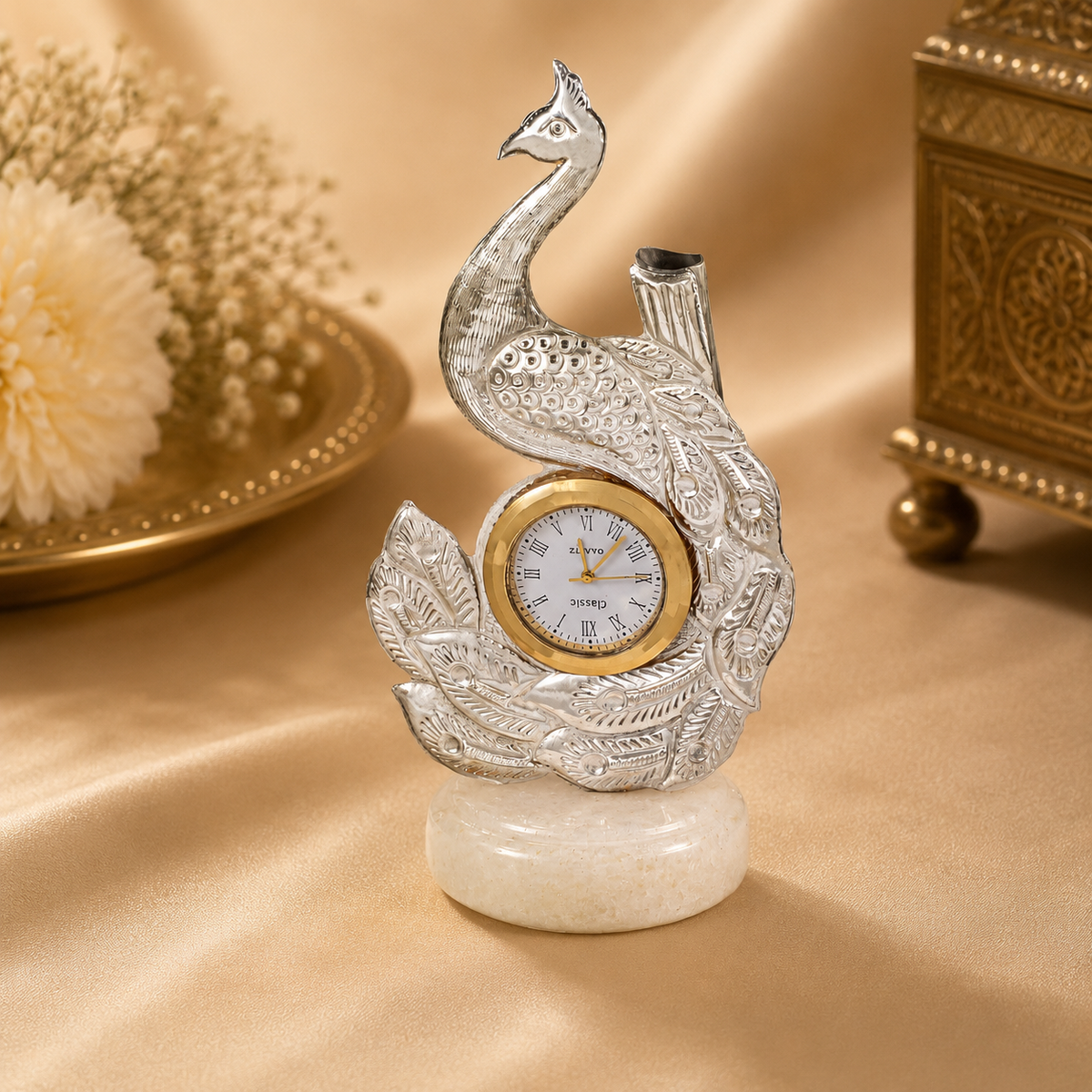 Antique Peacock Table Silver Clock