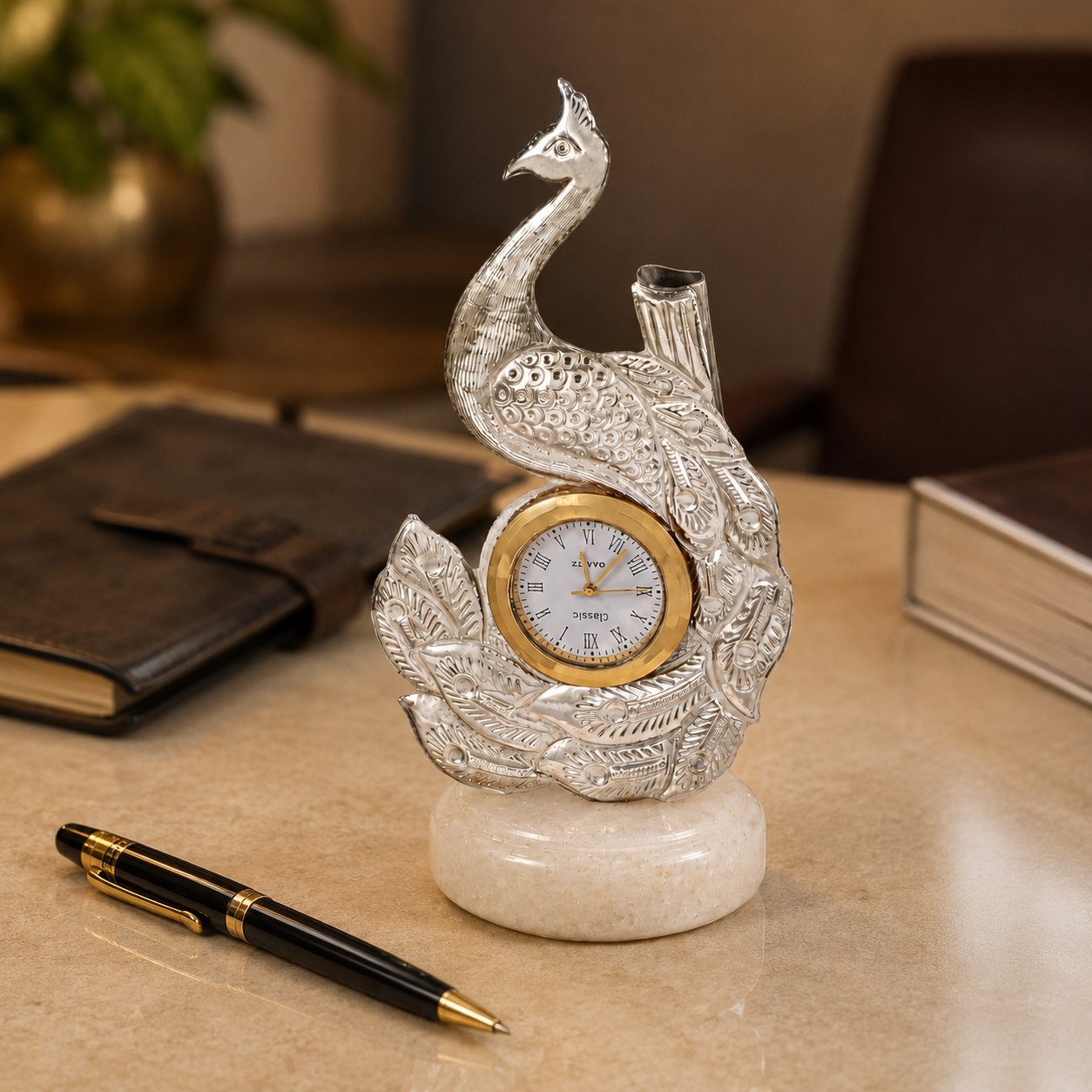 Antique Peacock Table Silver Clock