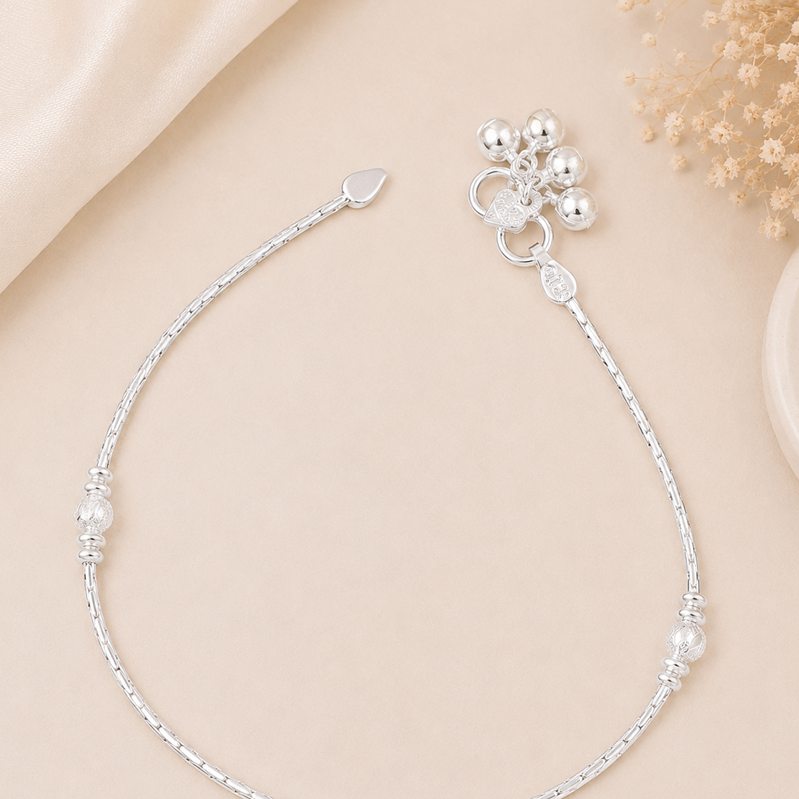Eshani Tiny Heart Charm Silver Anklets