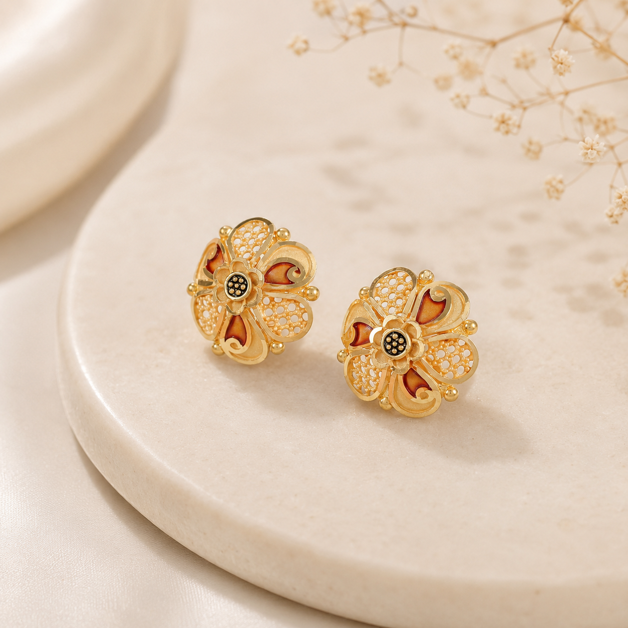 Ira Ethnic Floral Mesh Gold Earrings