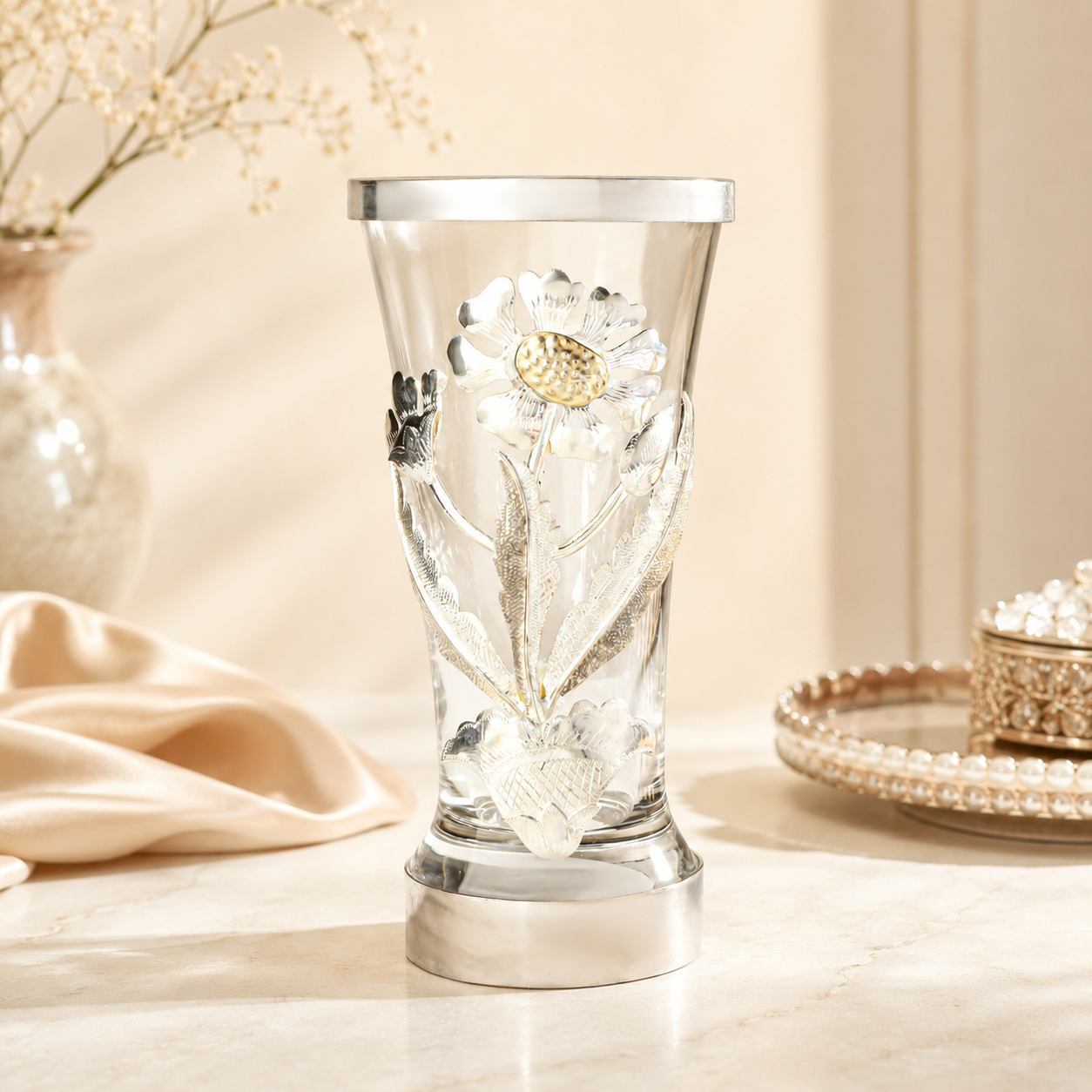 Charming Floral Silver Glass