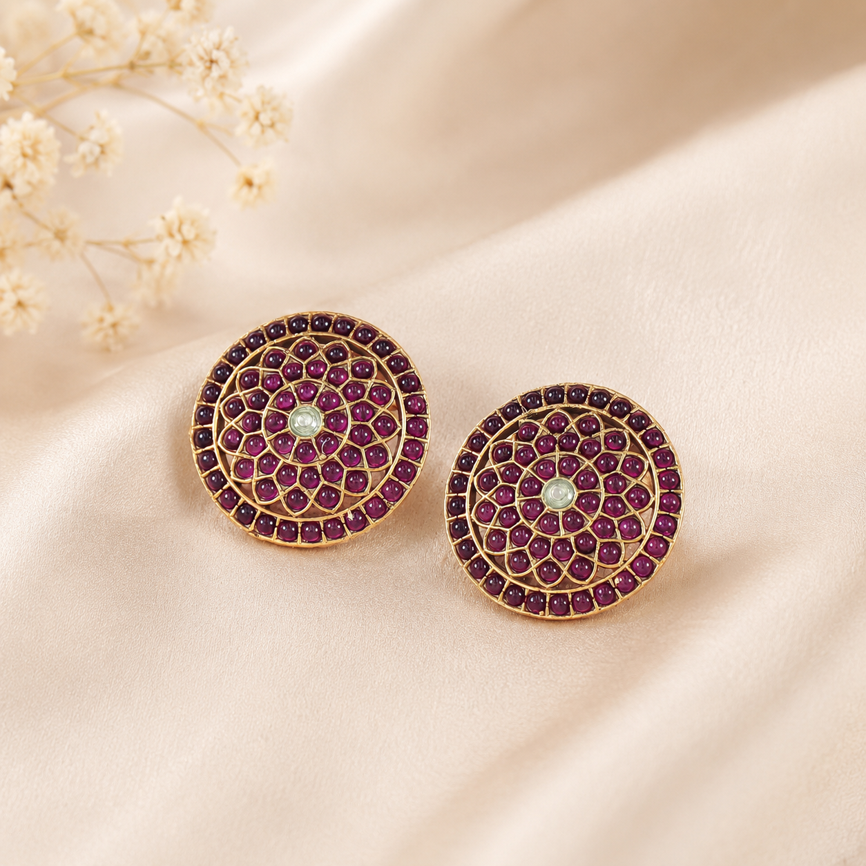 Meher Elegant Circular Floral Silver Earrings