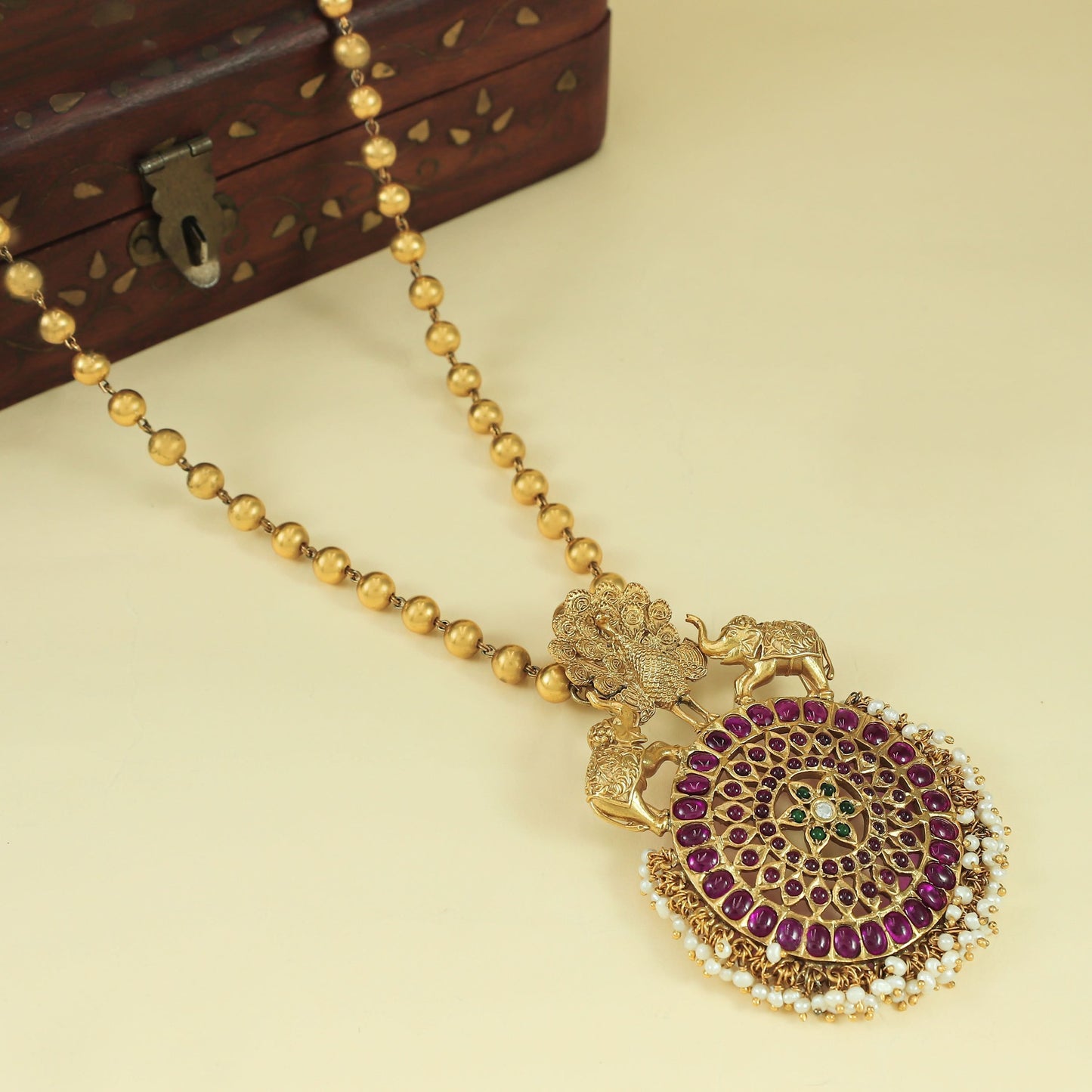 Falak Peacock & Elephant Silver Necklace
