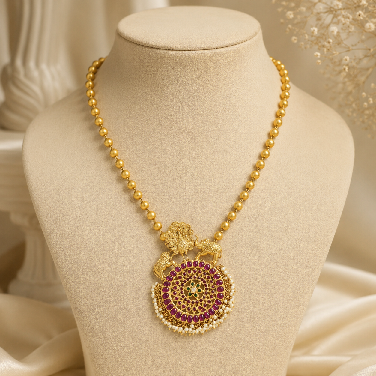Falak Peacock & Elephant Silver Necklace