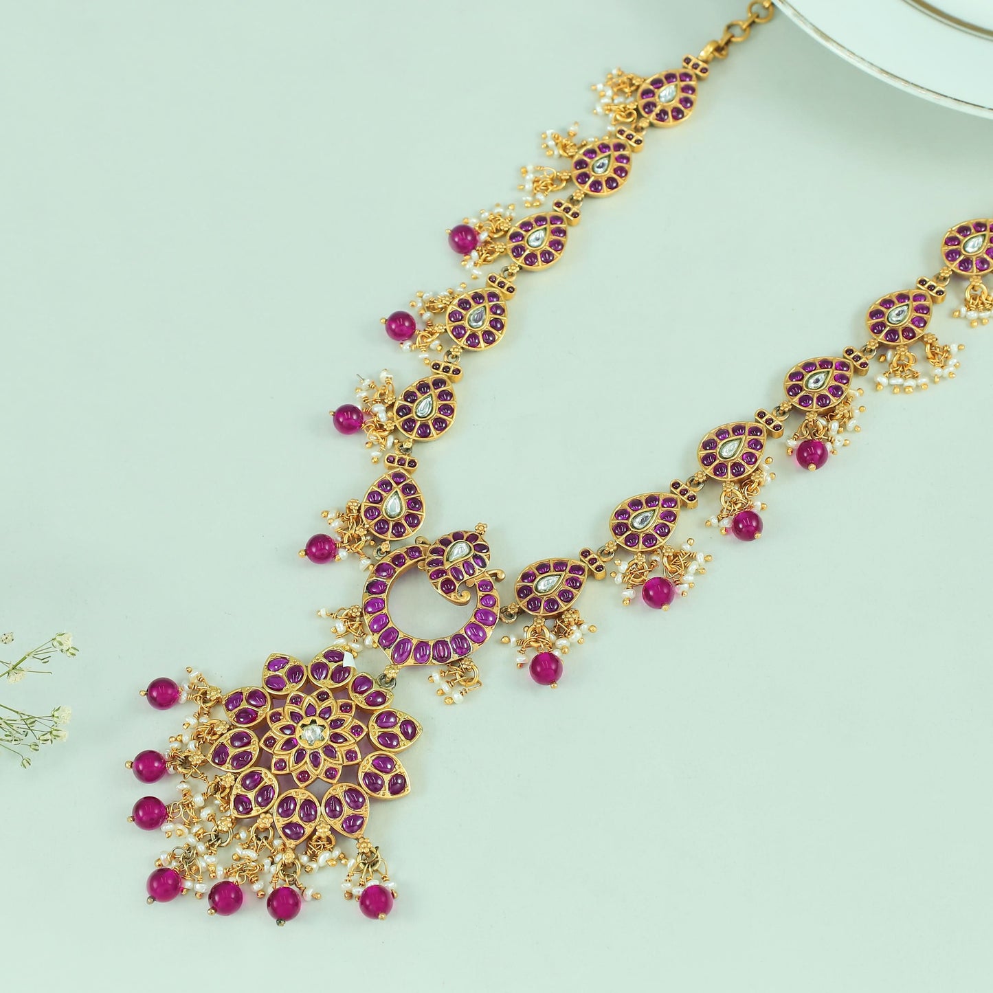 Megha Floral Ruby Silver Necklace