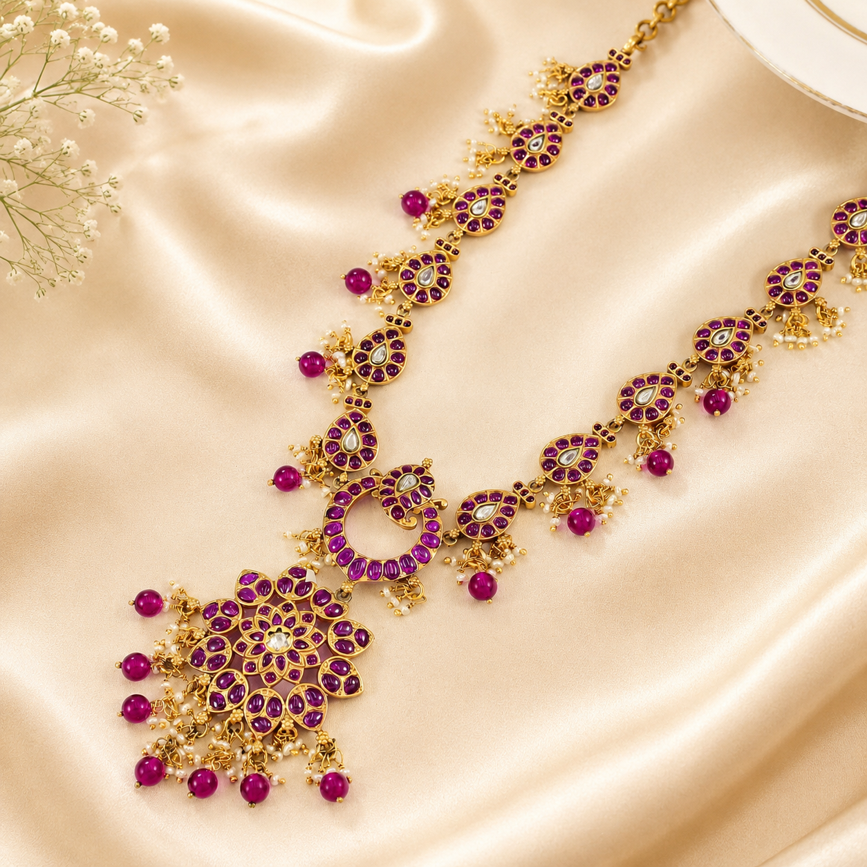 Megha Floral Ruby Silver Necklace