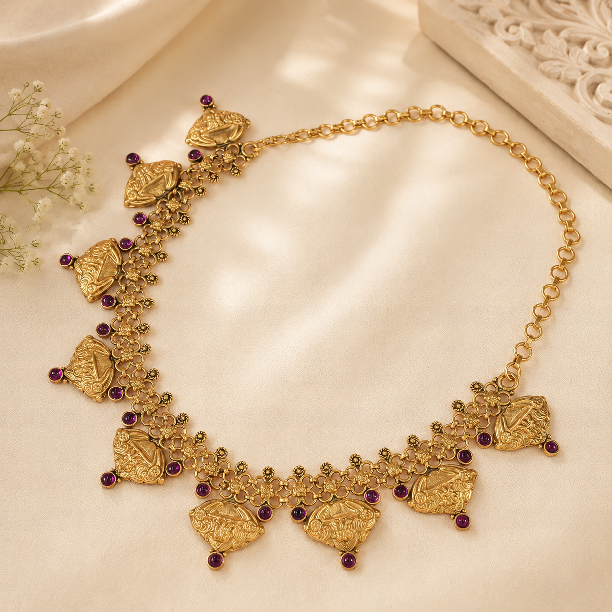 Intricate Floral Link Silver Necklace