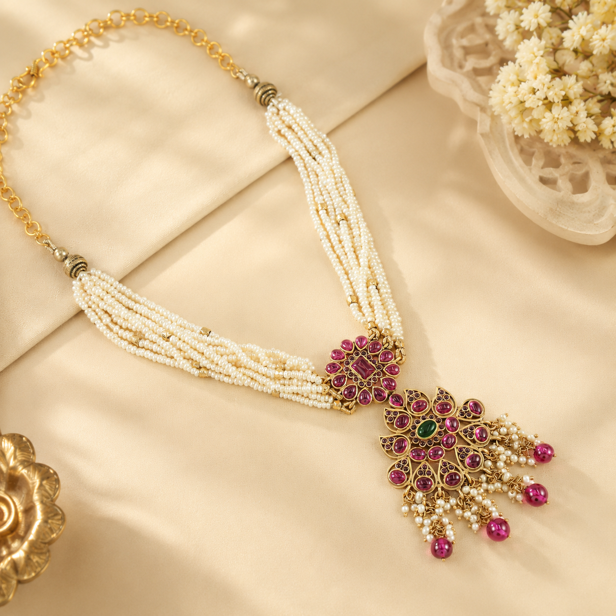 Niharika Pearl Blossom Silver Necklace
