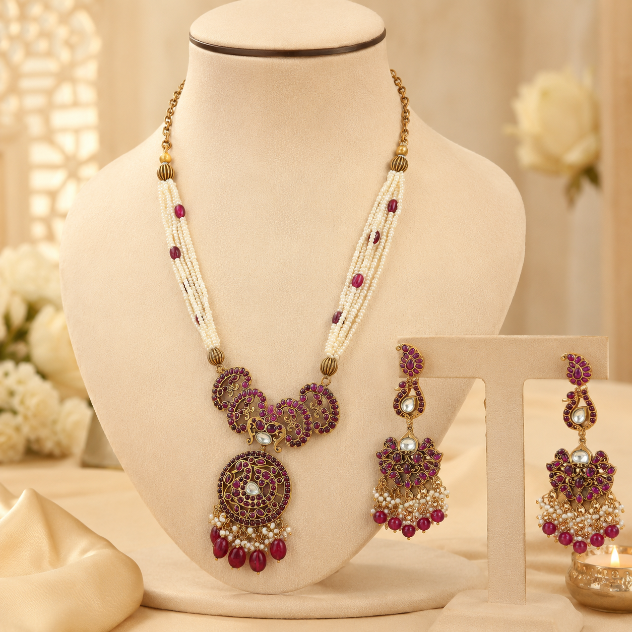 Ruhani Floral Design Silver Necklace Set
