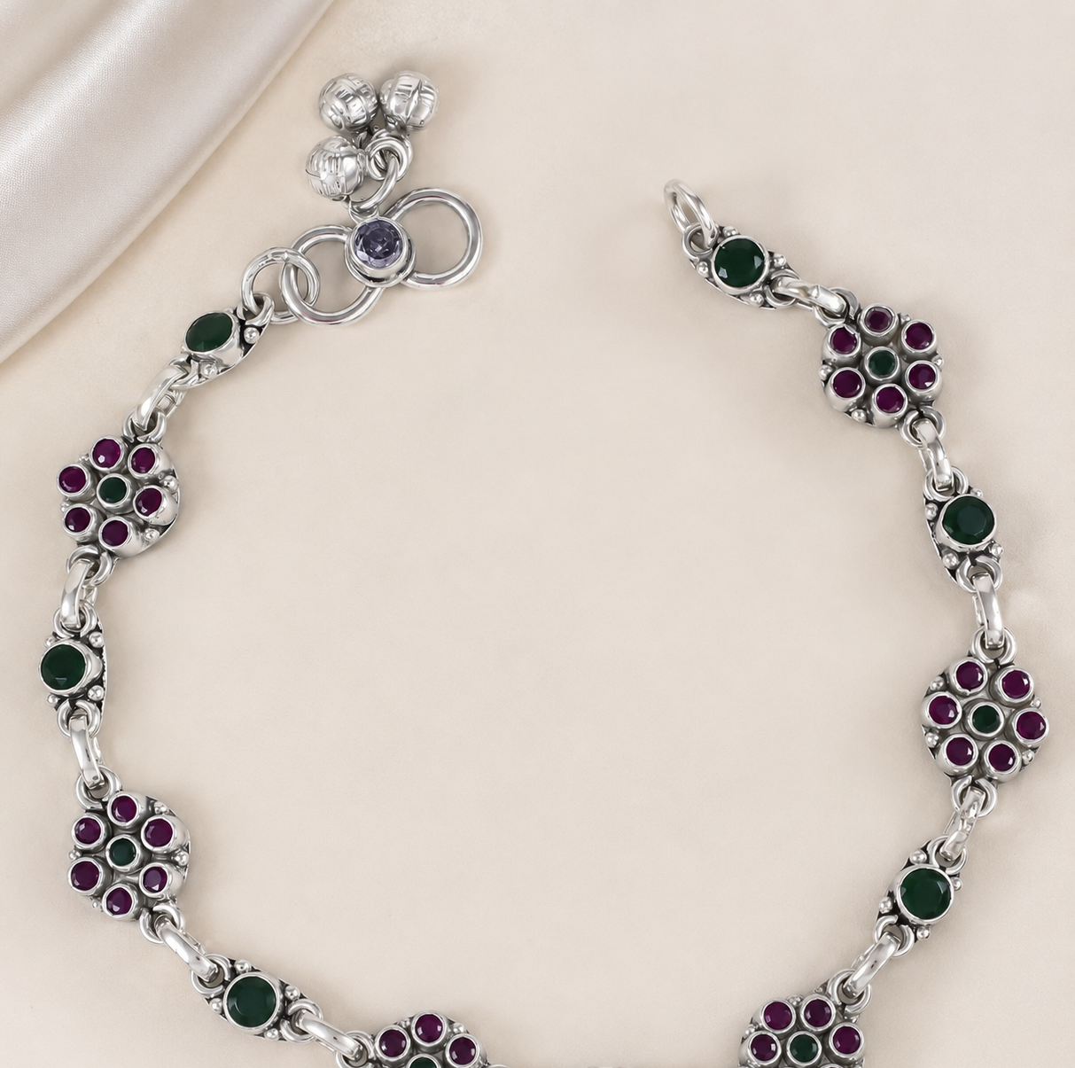 Neelam Floral Gemstone Silver Anklets