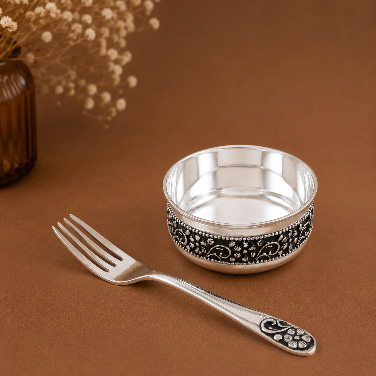 Antique Silver Bowl and Fork Set