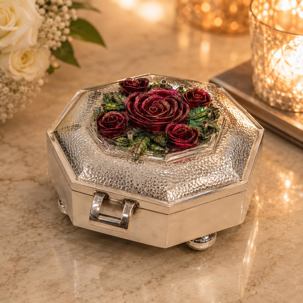 Enamel Rose Blossom Silver Box