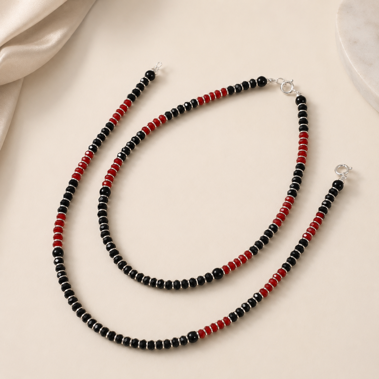 Red And Black Elegance Silver Anklets