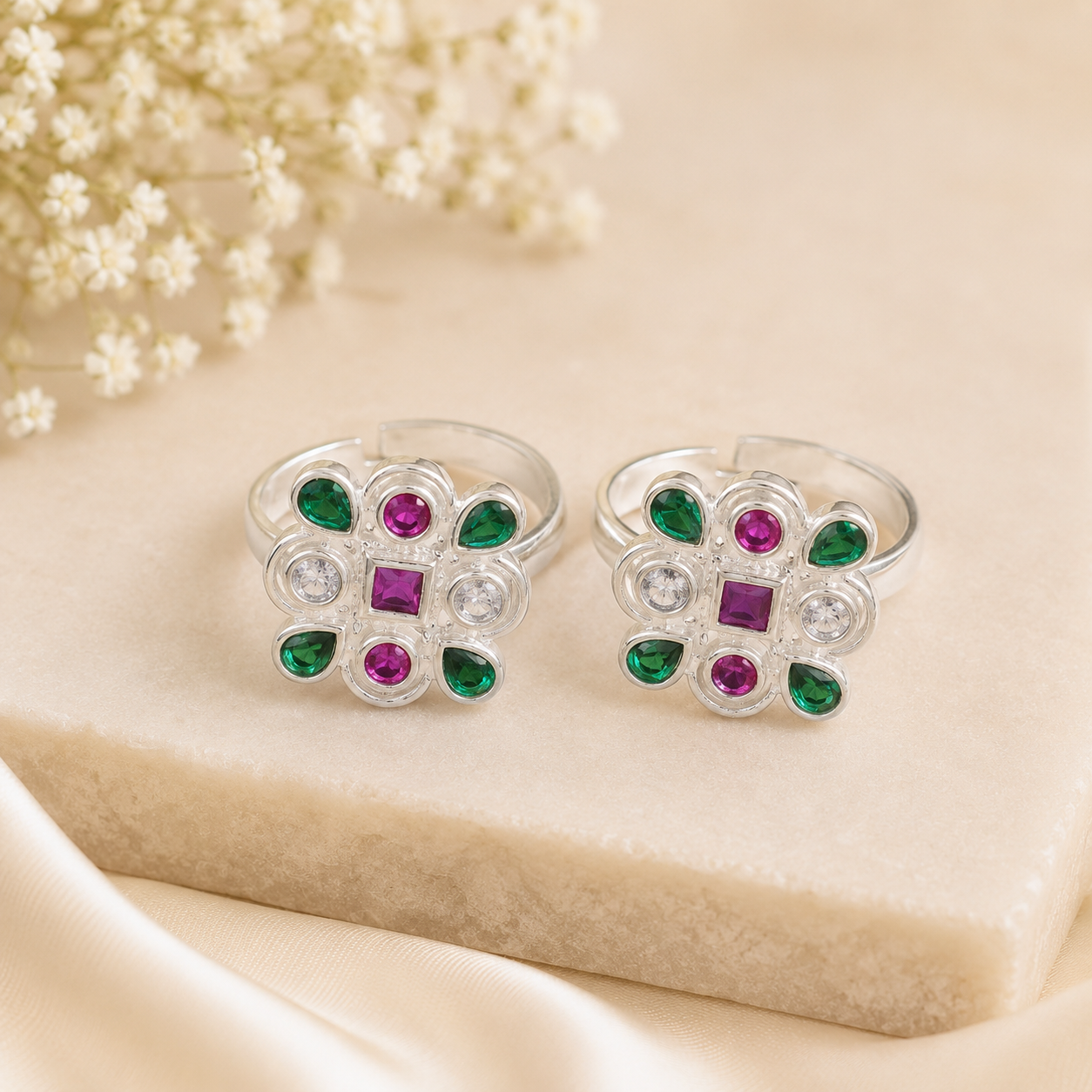 Meera Colorful Cluster Silver Toe Rings